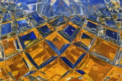 A realistic oil painting of a crystal bowl turned upside down is rendered in the complementary colours of blue and orange