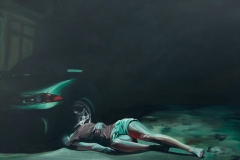 A realistic painting depicts a female figure laying down with their head hidden in the wheel well of a car. Shadows hide whether she is alive.