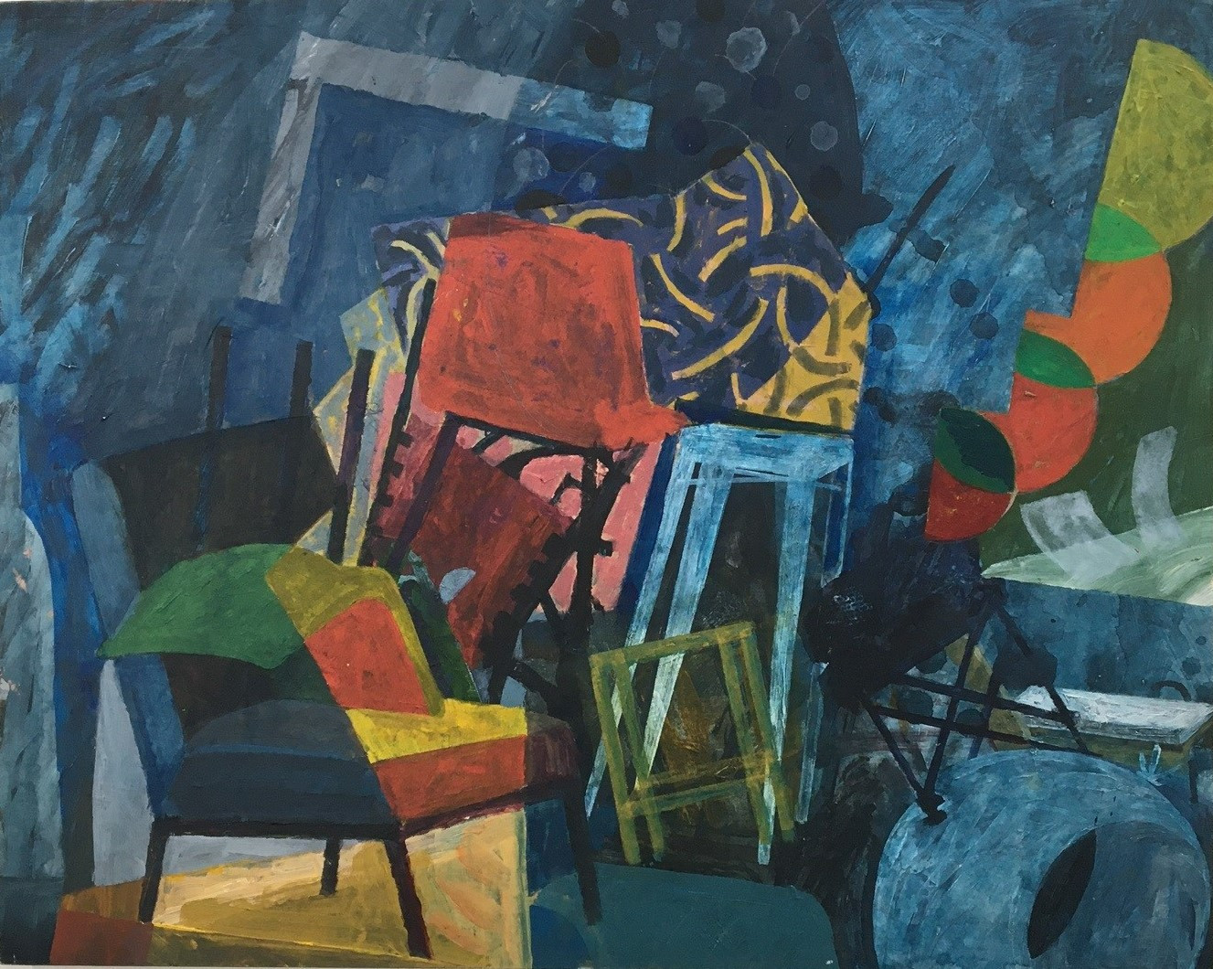 A rectangular painting in landscape orientation, with a dark blue background from which coloured shapes and a jumble of chairs in different colours rise at various angles.