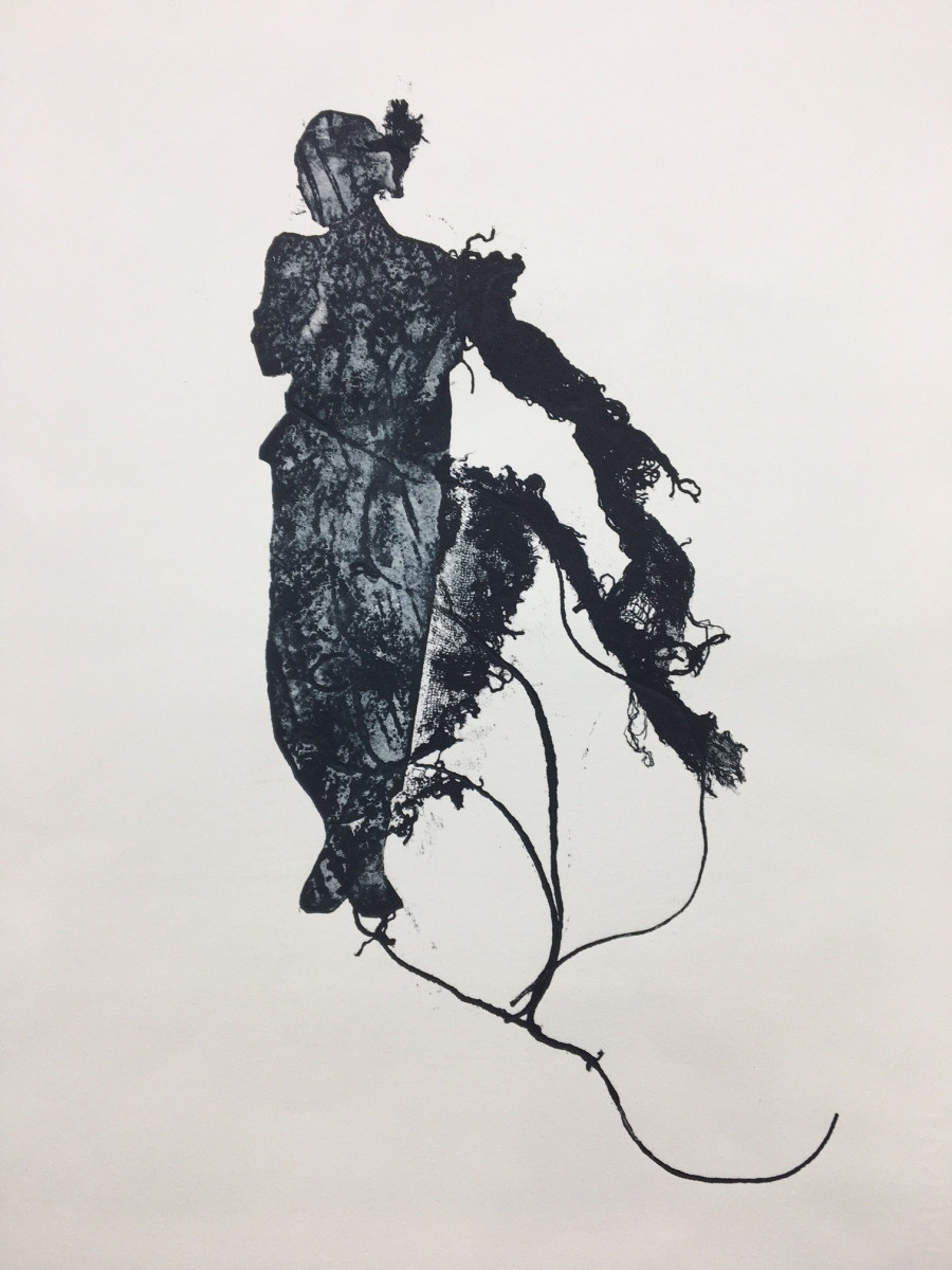 A female figure occupies the centre of the pale background, her figure bearing traces of her patterned dress. Her arm is overshadowed by printed fabric, and threads trail from her, shadowing like an aura.