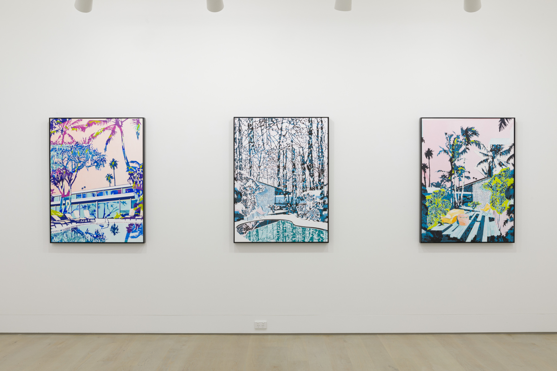 Three large pastel paintings are displayed in Jan Murphy Gallery with grey concrete floors and white walls.