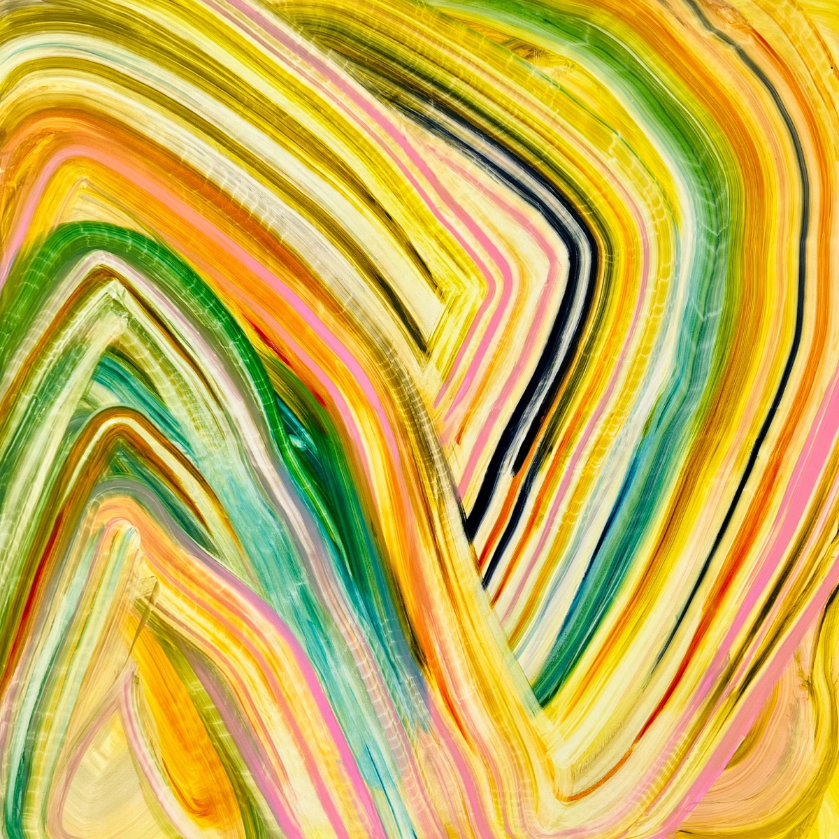 Long upward and downward stripes of yellow with hints of green, orange, pink and black fill a canvas