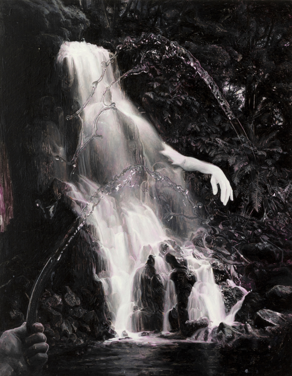 A black and white painting of a waterfall flowing onto figure-like rocks, superimposed with water flowing from hoses.