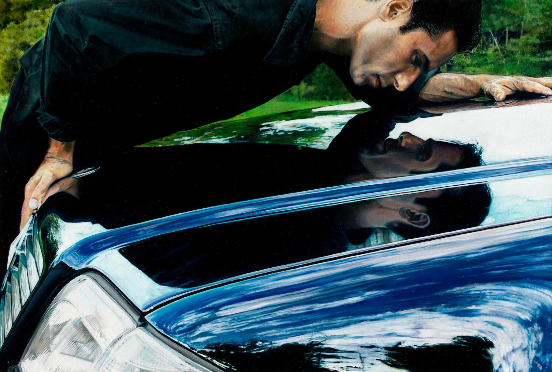 A photorealistic painting shows a man leaning over a car to gaze at his own reflection