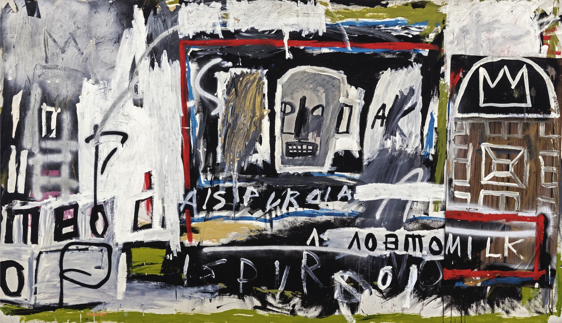 A large landscape painting in Basquiat’s typical style depicts an abstracted and graffiti-ish cityspace in whites and blacks, a disembodied heads hangs in the middle and Basquiat’s signature crown sits to the right