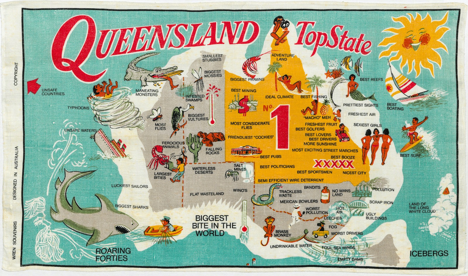 A tea towel is illustrated with a comical map of Australia marking out the dangers of other states in comparison to the highlights of Queensland.
