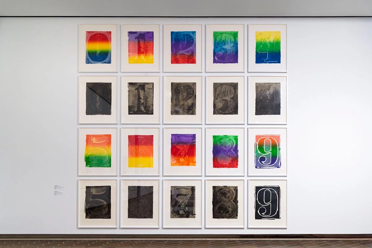John's Numeral Series reproduces numbered typefaces, once in monochrome, once in vibrant striated rainbows. Hand painted marks are registered in both sets identically via lithograph