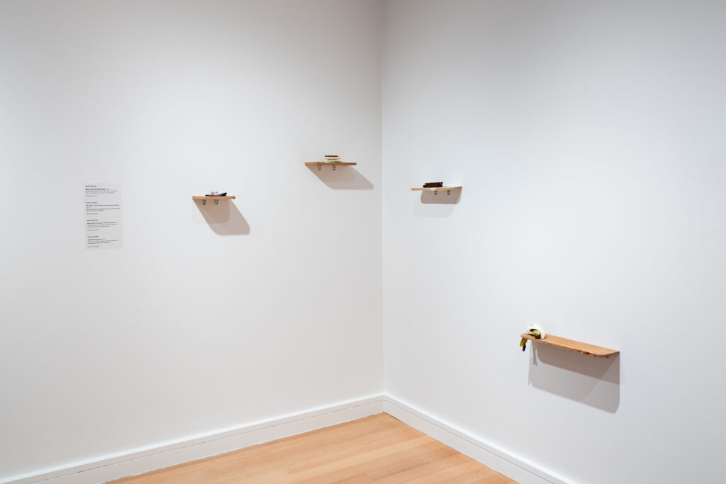 The corner of an art gallery with white walls and timber floors. Four small shelves are fixed to the wall each holding a sculptural object. 
