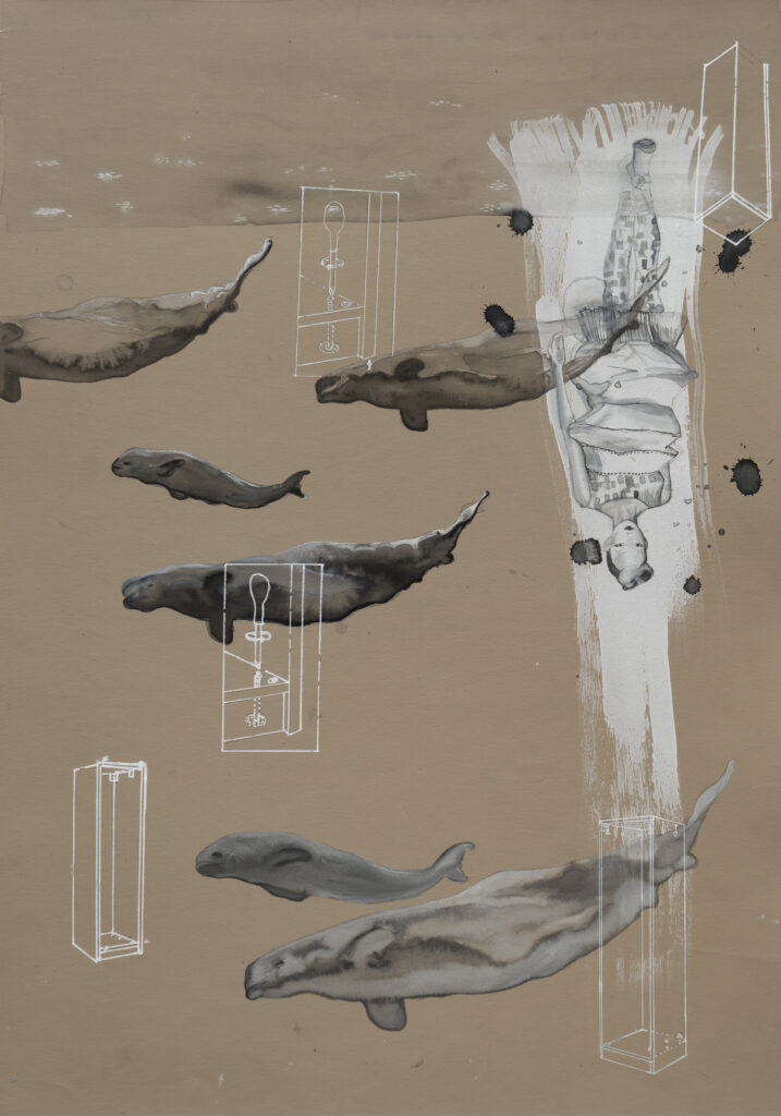A drawing on brown paper overlays grey whales with an upside down female figure and mechanical drawings.