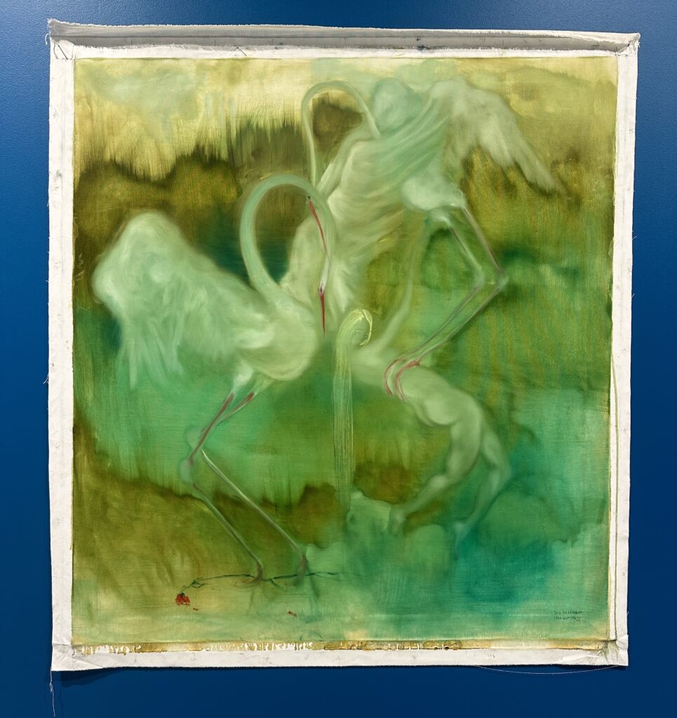 An oil painting in green hues depicts melded stork and human forms.