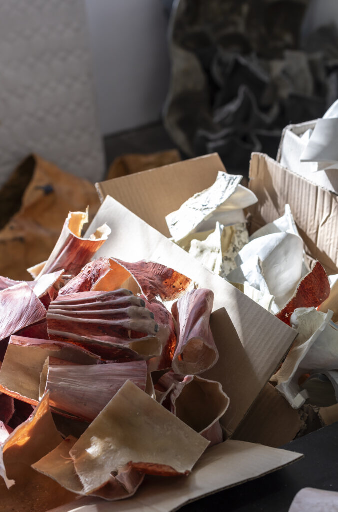 Two open cardboard boxes are in the foreground of a photograph. One contains a pile of cut up white plaster chunks and the other is filled with cut up pink fleshy coloured sections of what appears to be a human anatomy model, with  muscles and sinews. Two large objects, one white and one black, lean against the wall in the background.