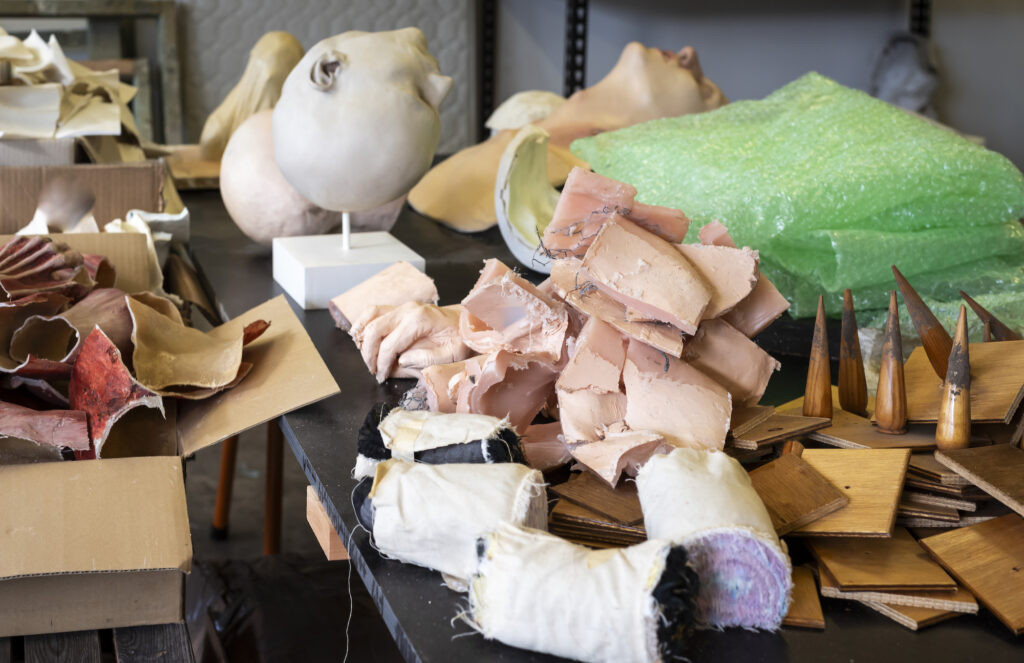 In the foreground of a photograph is a jumble of peach coloured waxy chunks is piled on a table. Behind is  an object in green bubble wrap and a small white plinth with an upturned grey plaster head attached. Behind is another disembodied head, lying face up in profile and moulded in flesh toned plaster.