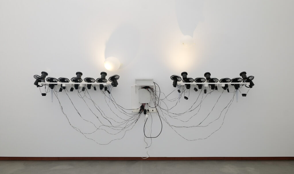 Multiple small fans and lights line a gallery wall, above float two blown-up gloves and below the electronic cords are drapes like a set of wings.