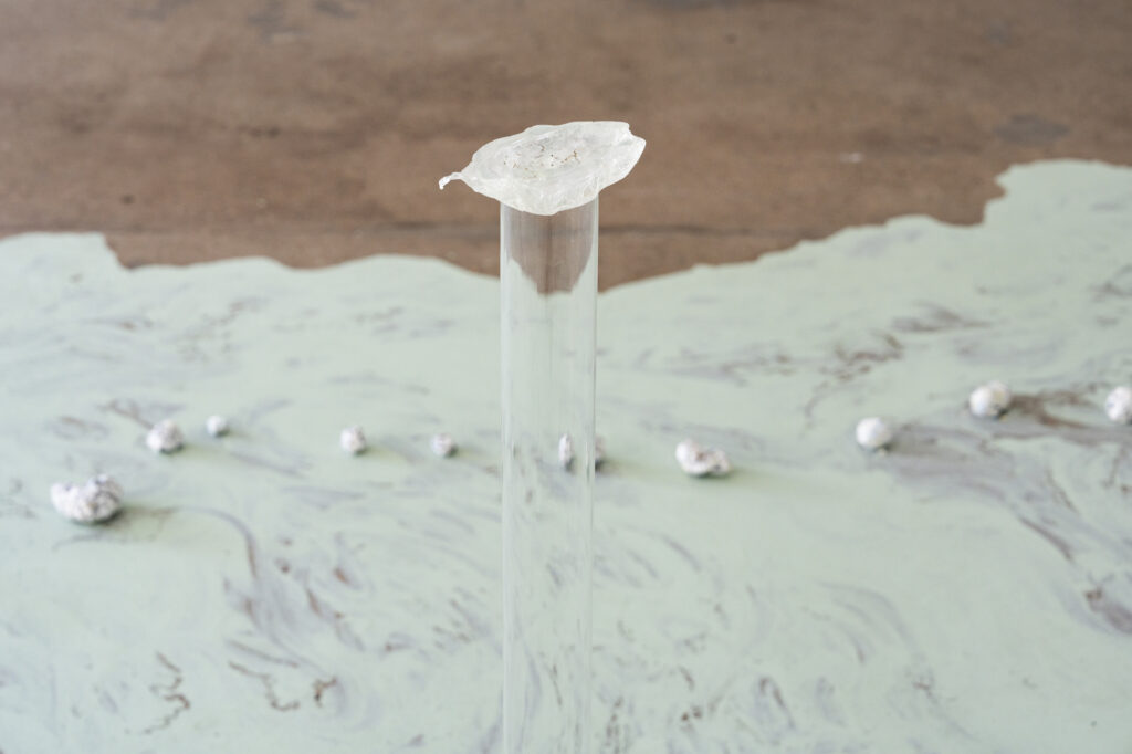 A clear resin vessel atop a pillar contains a mixture of Pok Fu Lam sea water and the artist’s dried sweat. The background shows a line of small paper stones,  placed in a line on the green-painted floor.