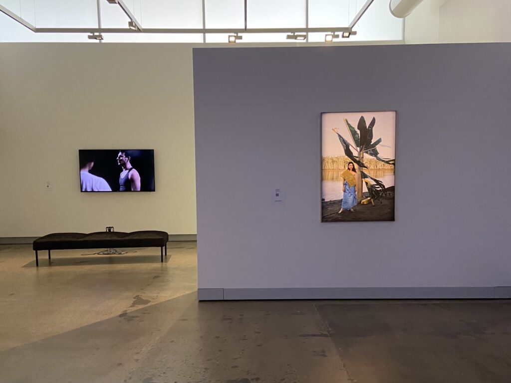 A video work and photograph are displayed on white walls in an art gallery. 