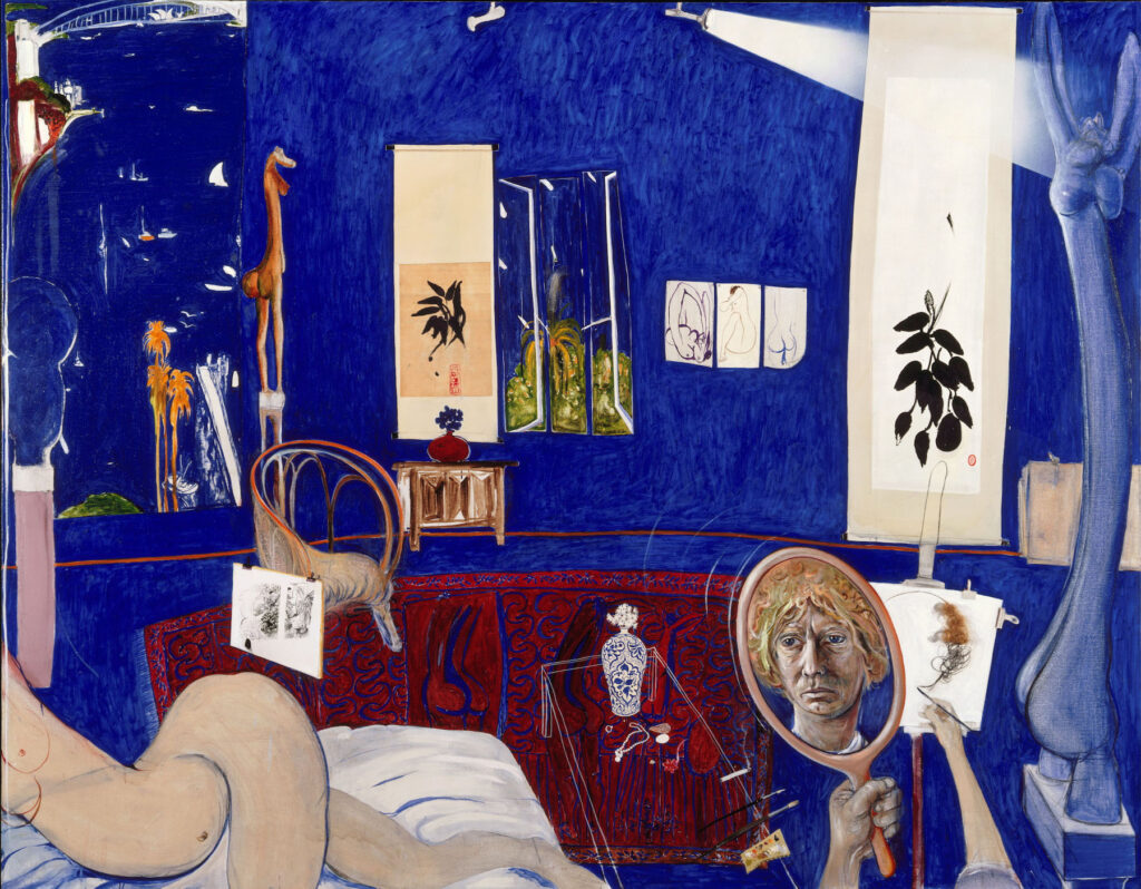 A deep blue painting depicts a domestic interior, a nude lies at bottom left and the artist is seen in a handheld mirror bottom right.