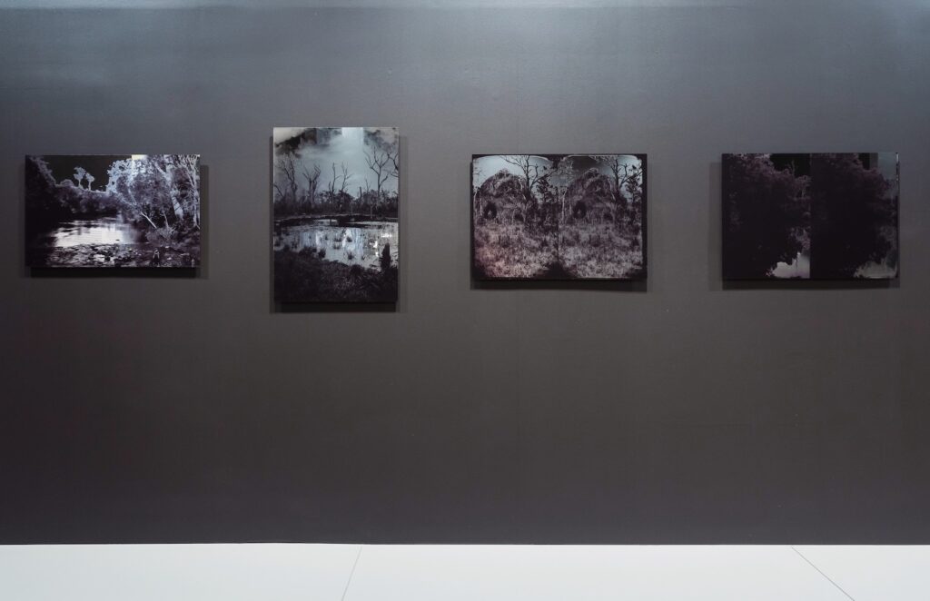 Four silver photographs of landscapes hang on a dark gallery wall.