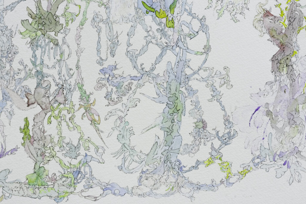 A close up of abstract, colourful forms outlined in pen, travelling vertically down the page.