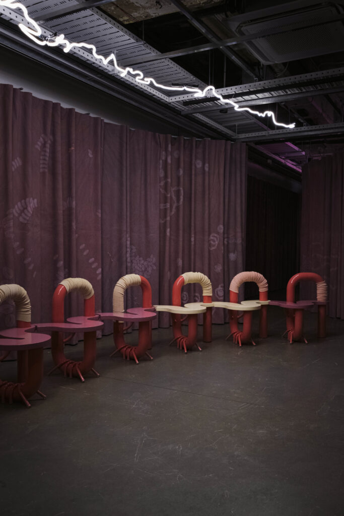 A row of stools made to look like intestines sit in a dark gallery space against a dark pink textured curtain