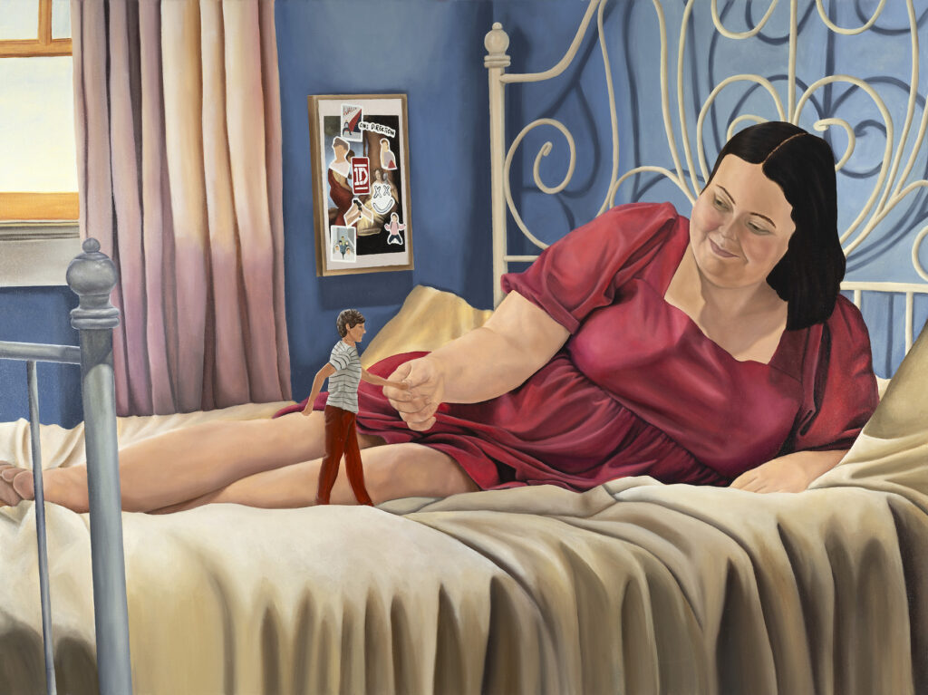 A figurative painting depicts a woman lying across a bed. She holds the hand of a much smaller male figure.