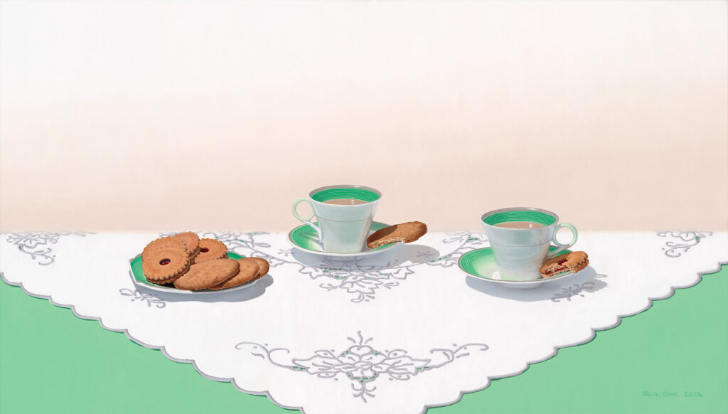 A figurative painting depicts 1930s teacups and saucers, a plate of biscuits and a lacy tablecloth in whites, greens and a soft peach background.