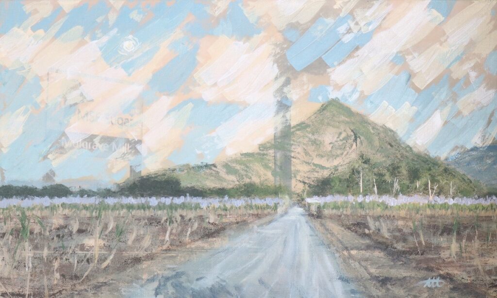 A layered landscape painting of a road and crops leading to a mountain peak