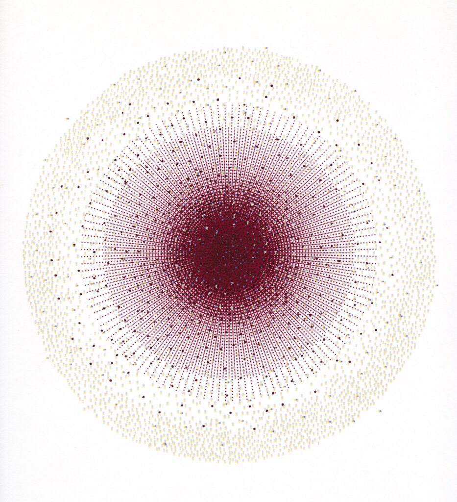 An abstract print comprised of mechanical dots with a red centre and blue/yellow concentric circles.