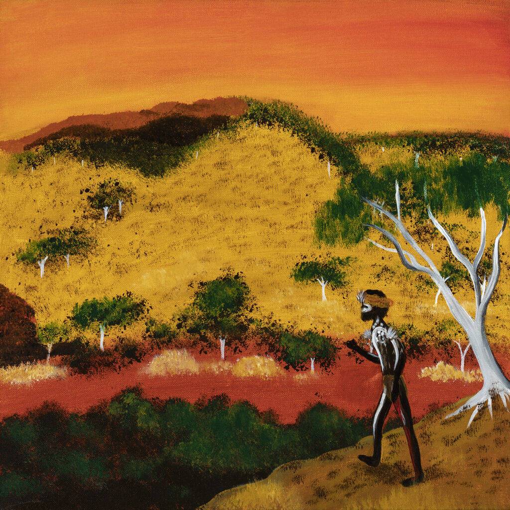 A Kalkadoon/Kalkadunga man stands beneath a gum tree and stares out across a beautiful field of yellow, orange, and green.