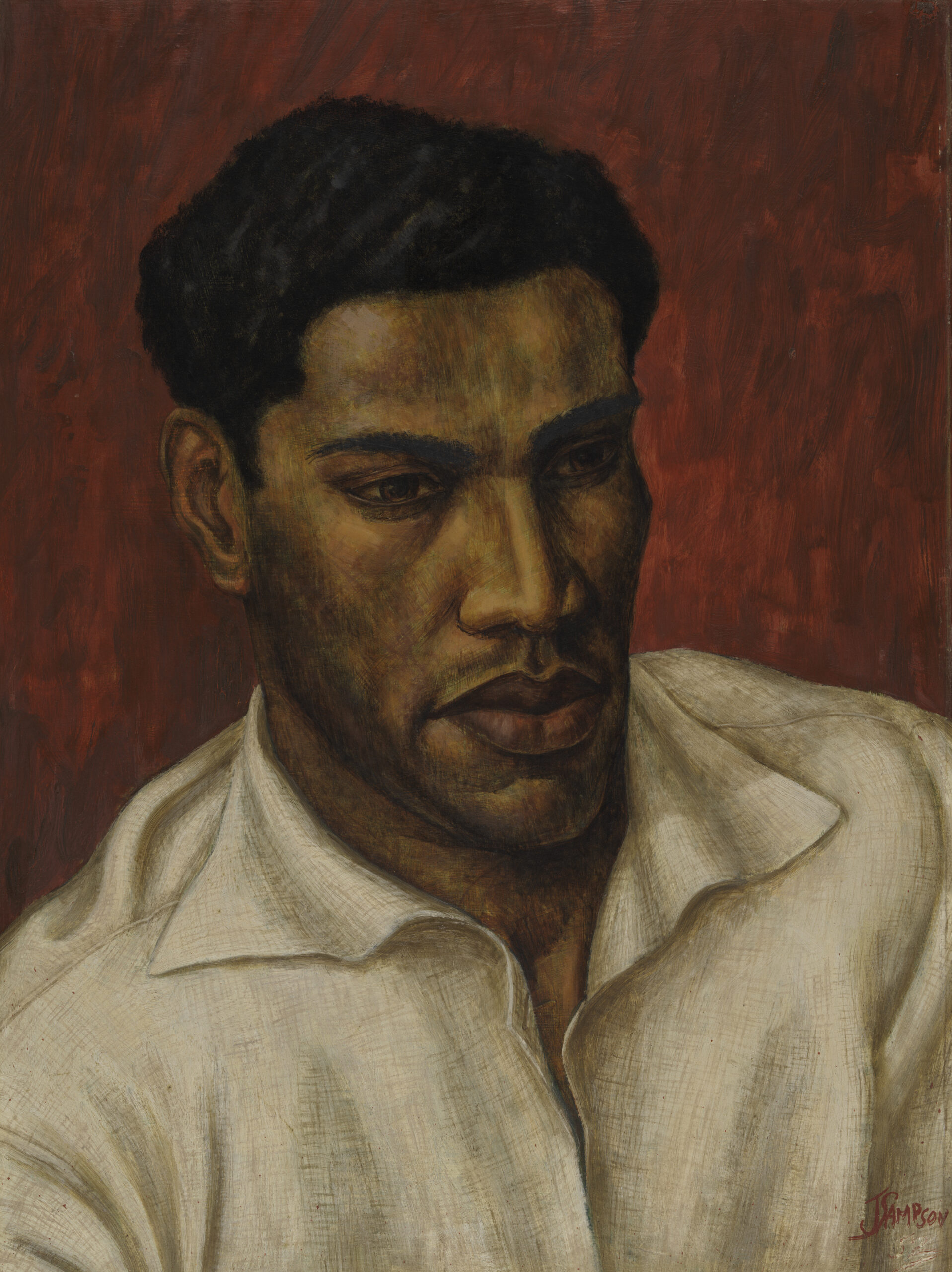 A portrait of George Lamming. Lamming wears a crisp, white cotton shirt before a warm, red background. His gaze is directed away from the viewer, as if deep in thought.