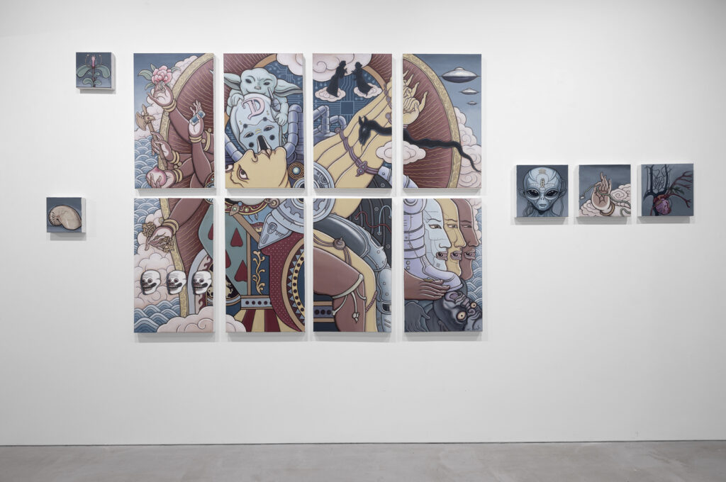 Eight rectangular paintings combine to form an image of a Buddhist deity entangled with a robotic creature. Five smaller canvases on either side depict a flower, a nautilus shell, an alien head, a hand posed in a mudra gesture, and an anatomical heart.
