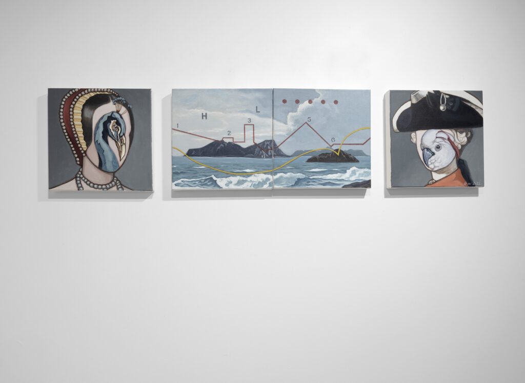 A triptych featuring a long central landscape of islands amidst the ocean. Portraits on either side depict a woman in 17th century dress with her face covered by a peacock’s head, and a man in nautical regalia similarly covered by a galah.