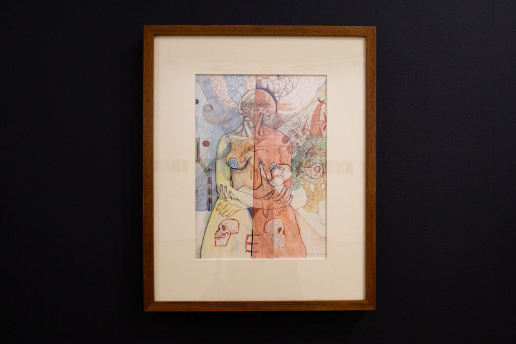 a framed image of a surreal, sketched portrait of a mother and child.