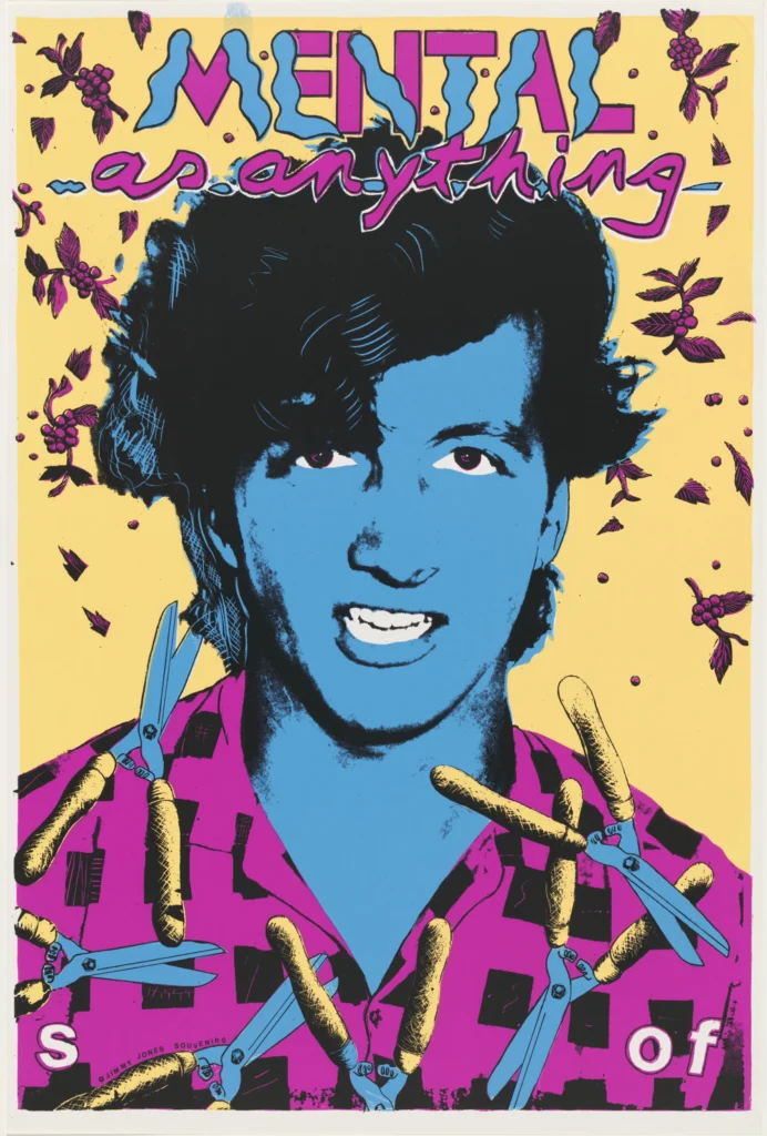 A band poster for 'Mental as Anything'. One member of the band is depicted in shades of blue and pink. They are surrounded by images of garden shears.