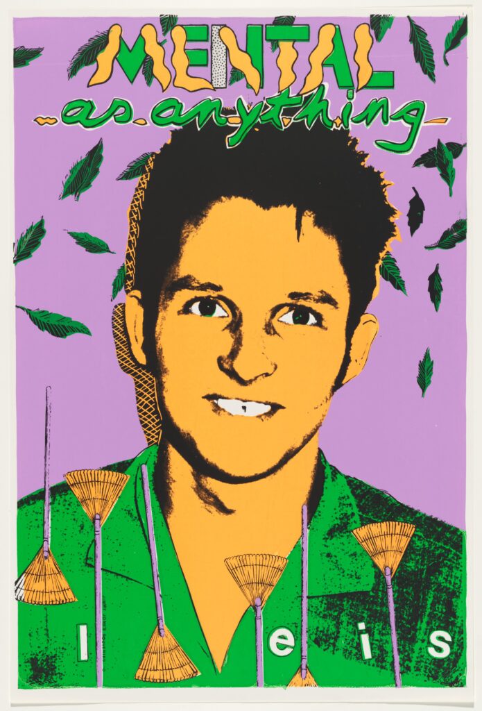 A band poster for 'Mental as Anything'. One member of the band is depicted in shades of gold and green. They are surrounded by images of garden rakes.