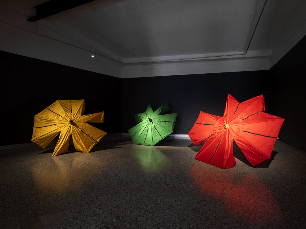 Three giant parasols lay on their sides in the gallery space. One is yellow, one is green, one is red.