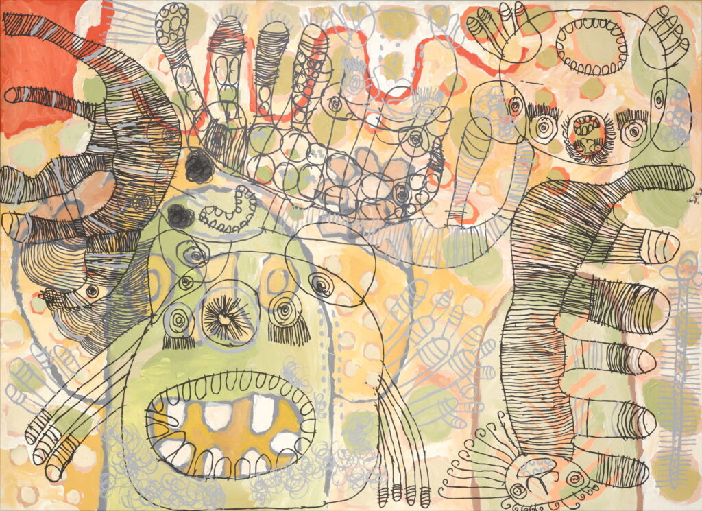 Animal-like figures are spread across and overlap in muted orange, green, yellow and grey. 