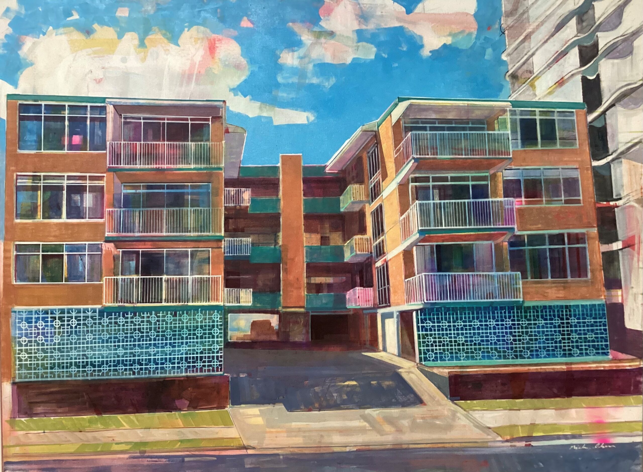 Painting of a block of flats with a bright blue sky