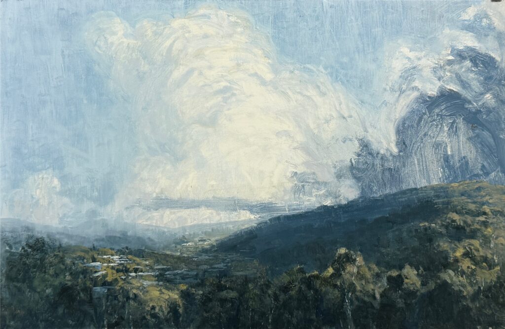 Landscape painting with dark hills in the foreground with spots of sunlight, overshadowed by dark storm clouds and huge white clouds against a blue sky.